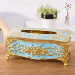 Blumen-Taschentuch-Box – Himmelblau  Gold (23×13×10 cm)