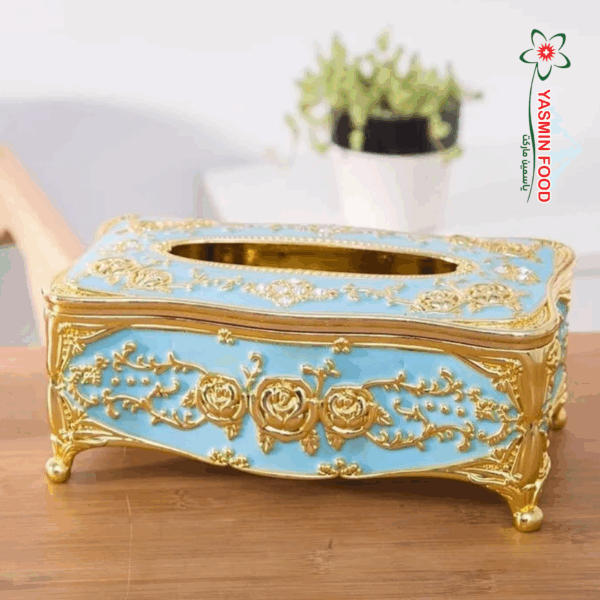 Floral Tissue Box – Sky Blue  Gold (23×13×10 cm)