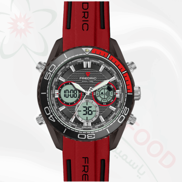 ساعة FREDRIC Dual Time رياضية كوارتز بسوار سيليكون أحمر