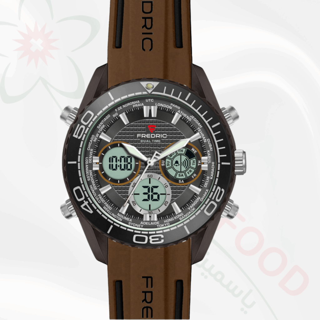 FREDRIC Dual Time Quarz Sportuhr mit braunem Armband