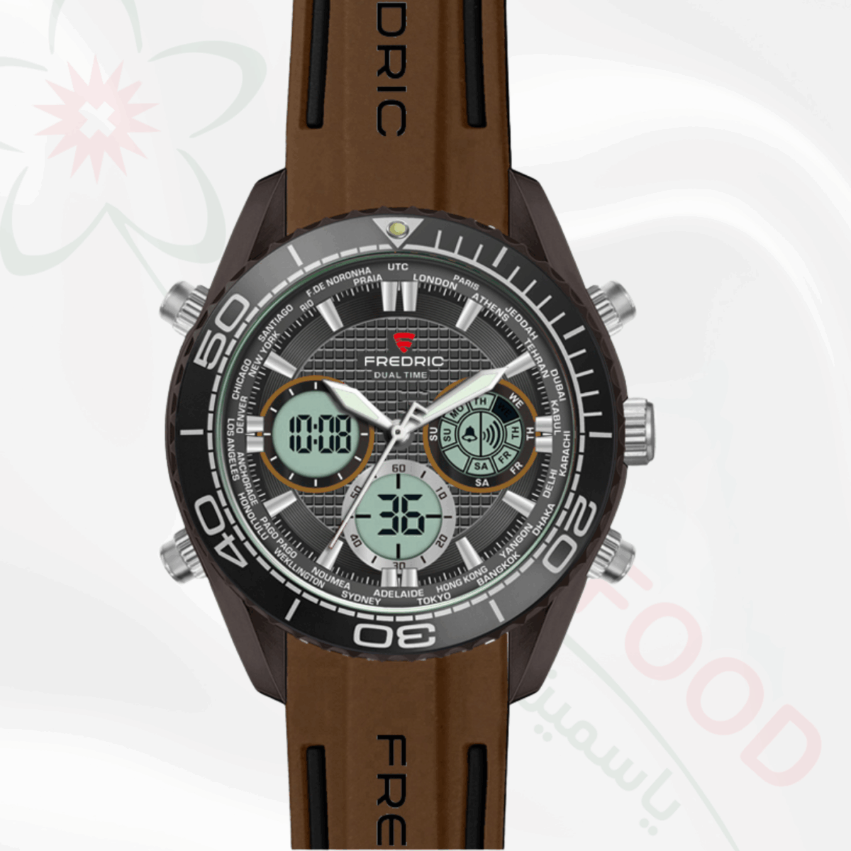FREDRIC Dual Time Quarz Sportuhr mit braunem Armband