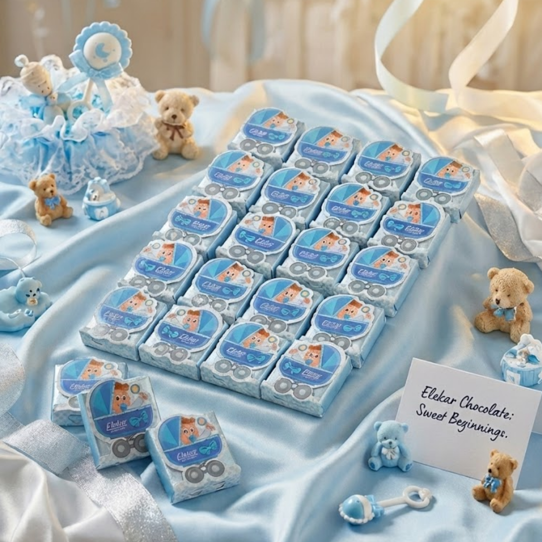 شوكولا سادة تغليف عربة ازرق 1 كغ شوكولا سادة بتغليف بيبي أزرق – Baby Boy | 1 كغ