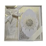 Luxury Islamic Gift Set (Quran + Prayer Mat + Pearl Tasbih) – White & Gold