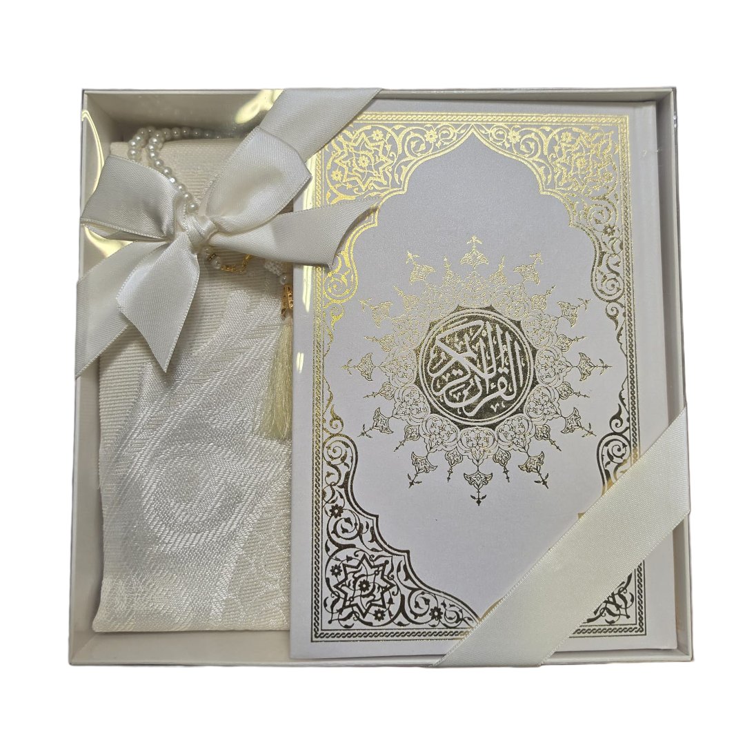 produkt Luxury Islamic Gift Set (Quran + Prayer Mat + Pearl Tasbih) – White & Gold - Image 1